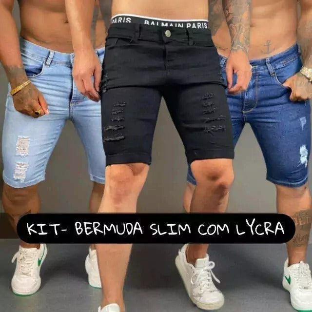 KIT 3 Bermuda Jeans Masculina SLIM COM LYCRA Destroyed