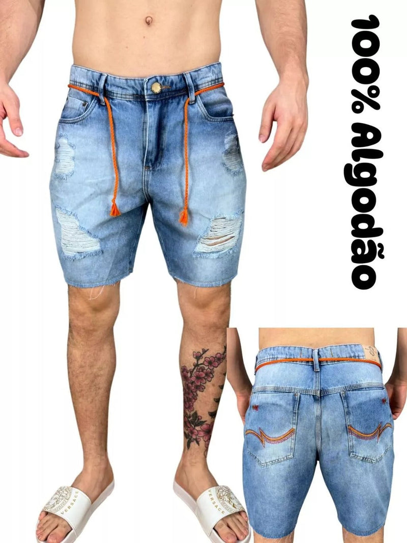 Bermuda Jeans Estilo Jogador Detalhes Laranja