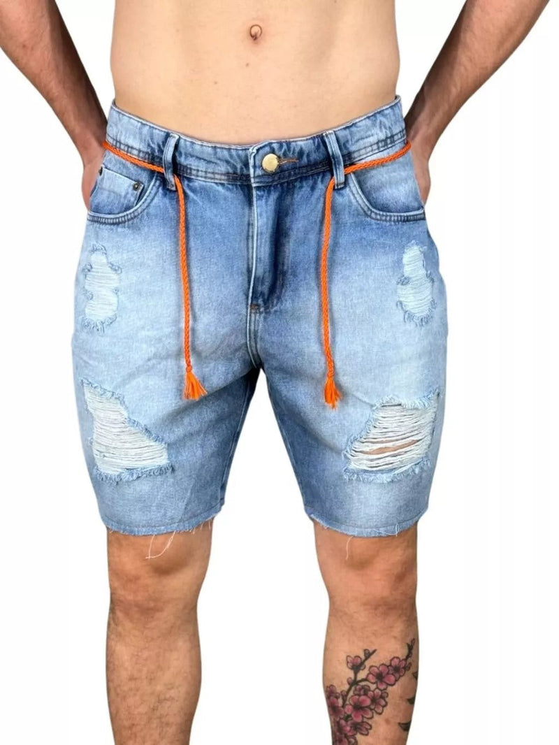 Bermuda Jeans Estilo Jogador Detalhes Laranja