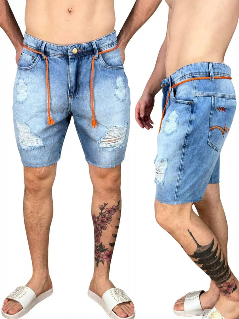 Bermuda Jeans Estilo Jogador Detalhes Laranja