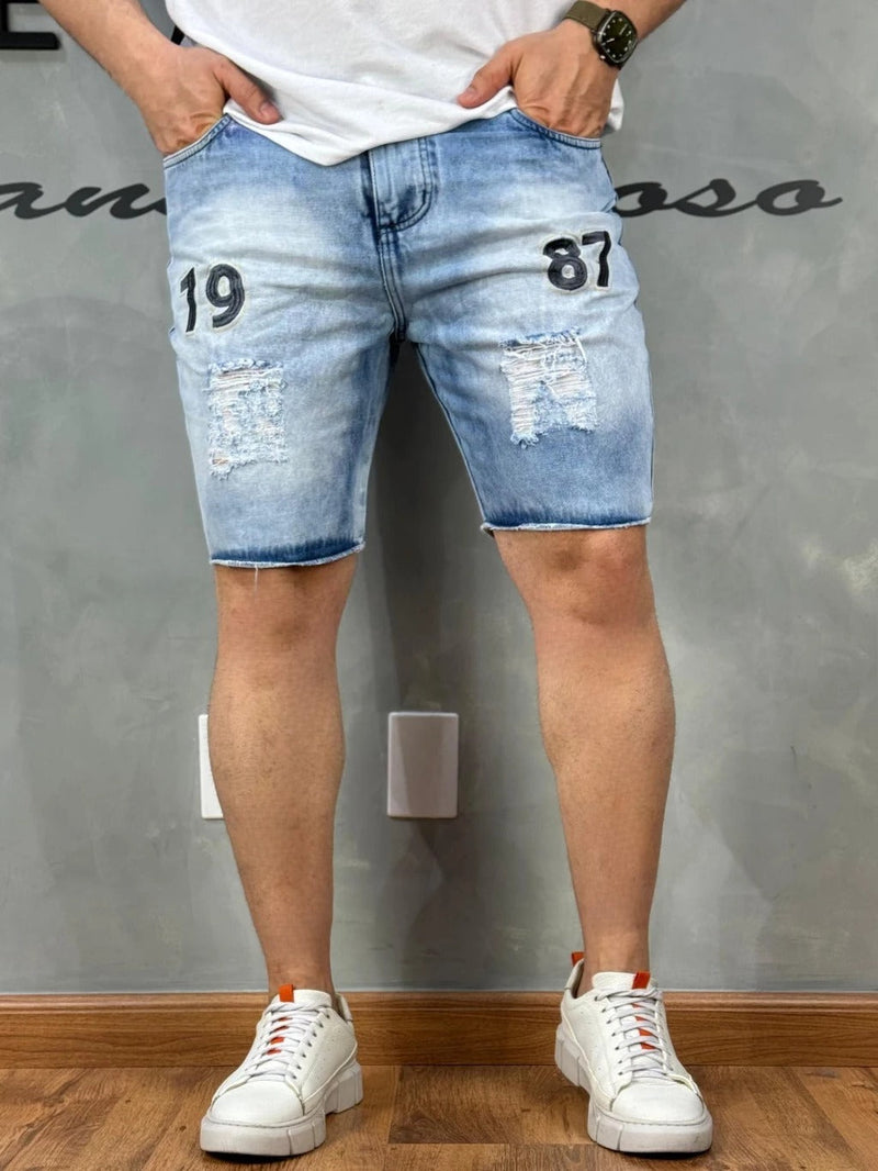 Bermuda Jeans Estilo Jogador Bordado 1987