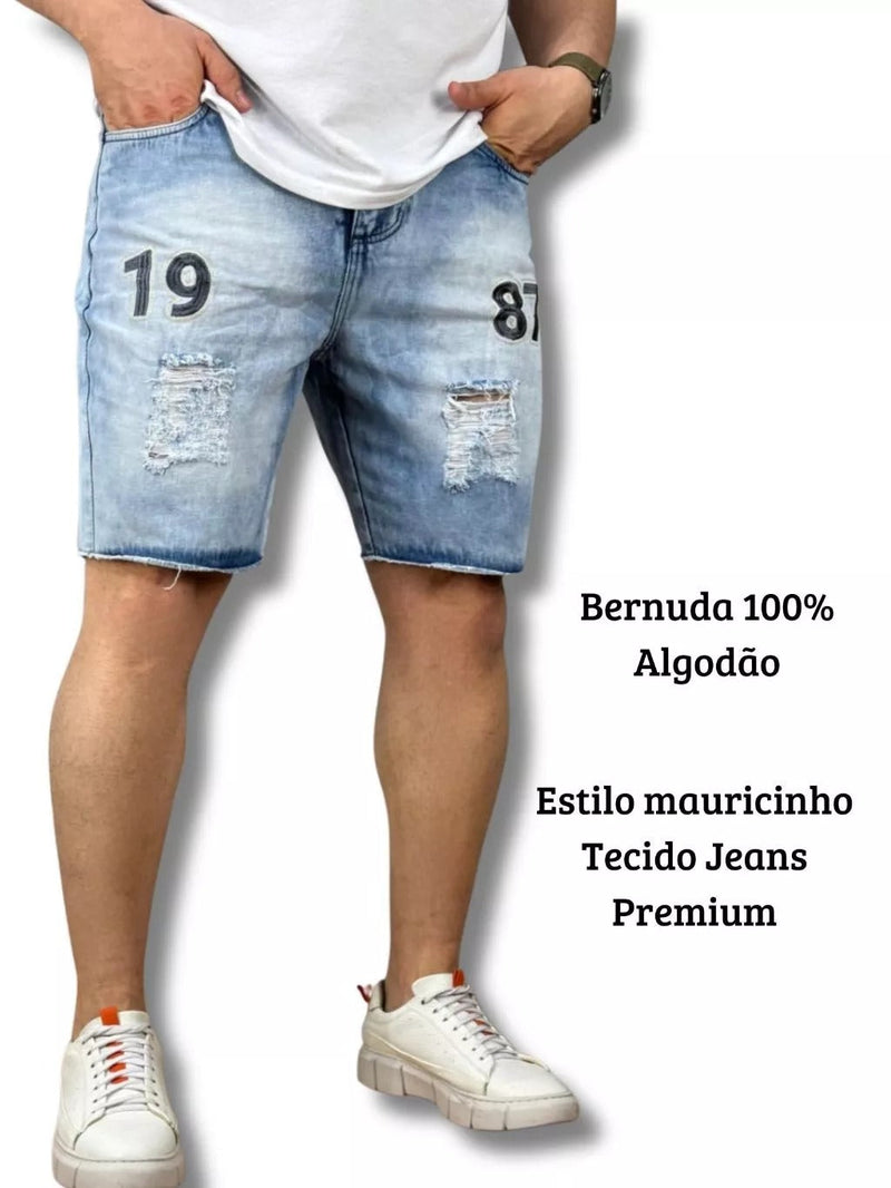 Bermuda Jeans Estilo Jogador Bordado 1987