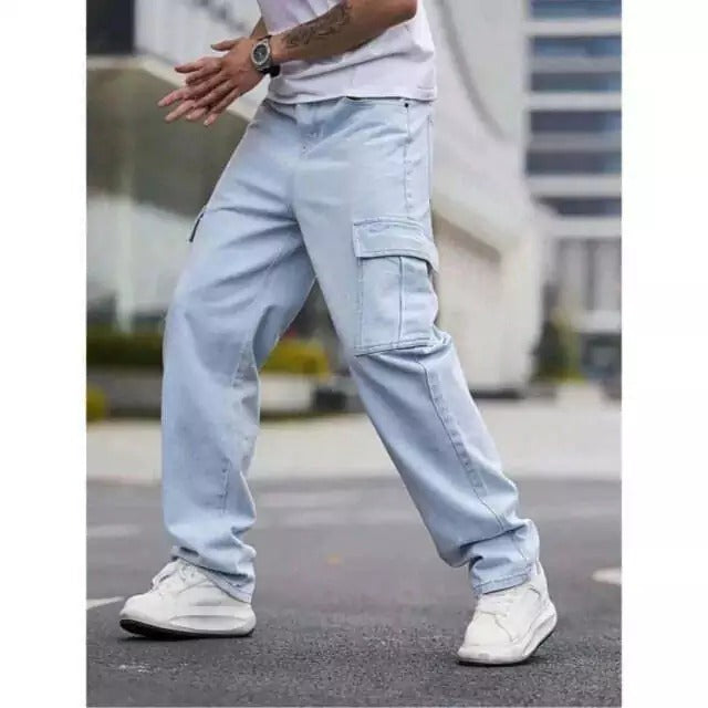 Calça Cargo Jeans Baggy 100% algodão Corte Reto