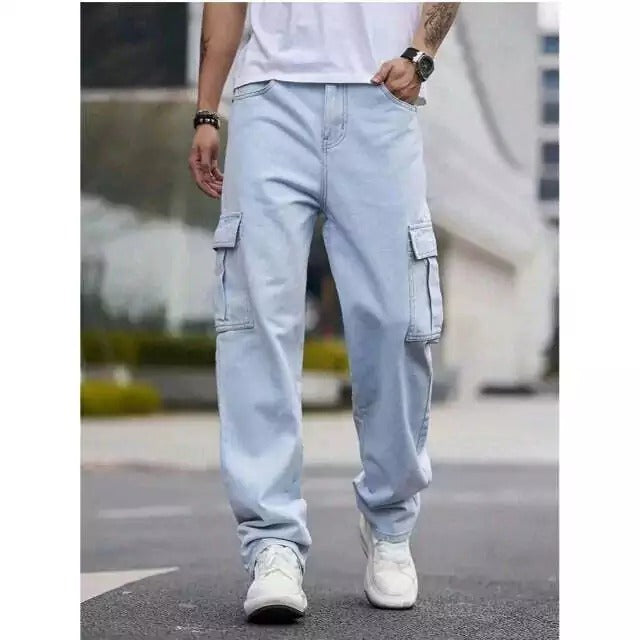 Calça Cargo Jeans Baggy 100% algodão Corte Reto