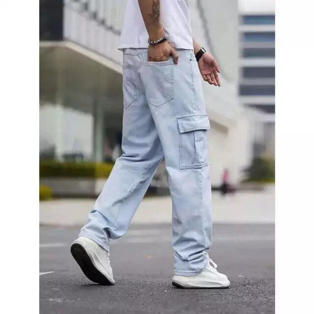 Calça Cargo Jeans Baggy 100% algodão Corte Reto