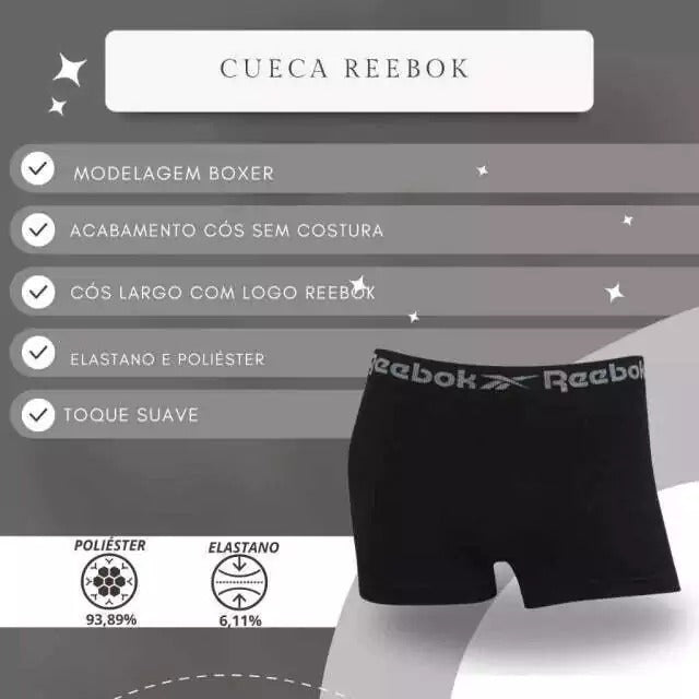 Kit 5 Cuecas Boxer Masculina Reebok Sem Costura Microfibra