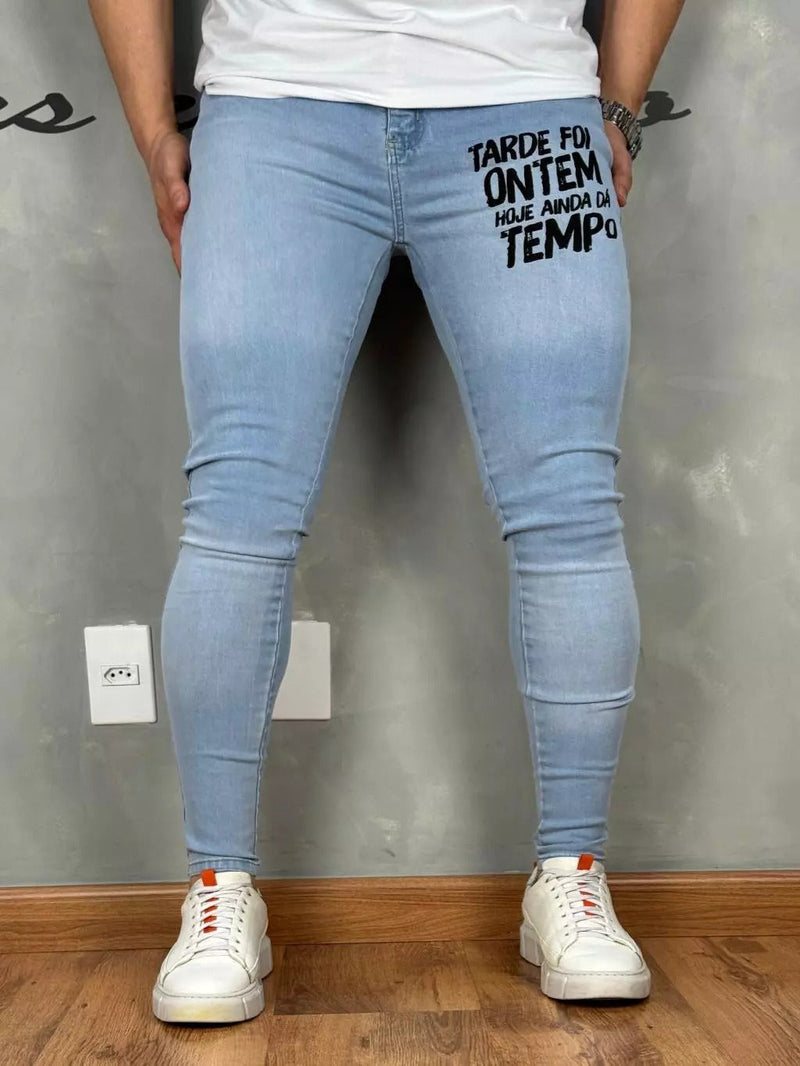 Calça Jeans Masculina Lavagem Clara Estampa 3D