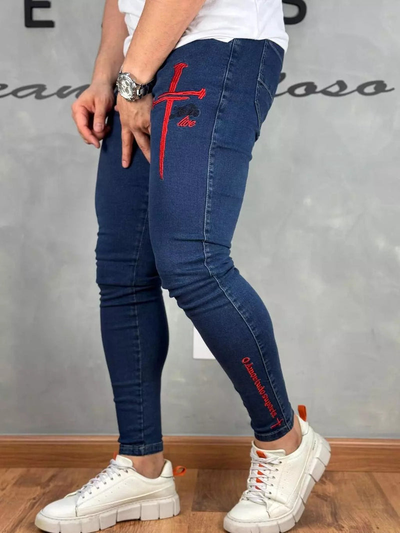 Calça Jeans Masculina Skinny Bordado 4k