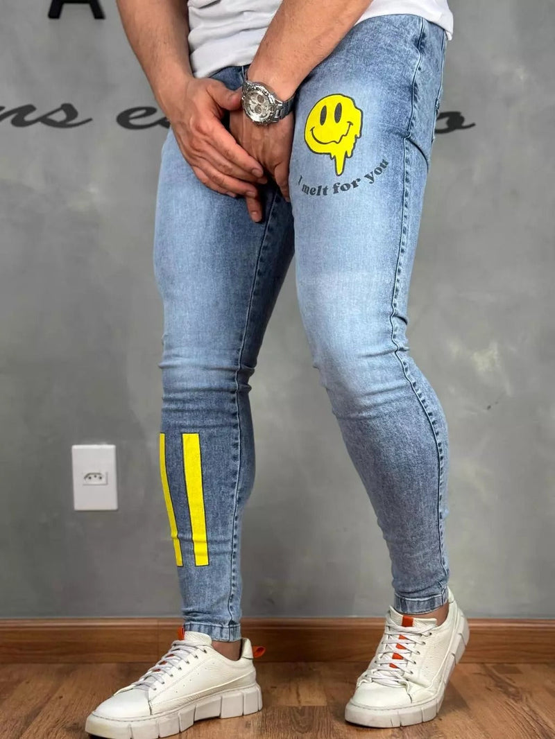 Calça Jeans Masculina Estampada Emoji