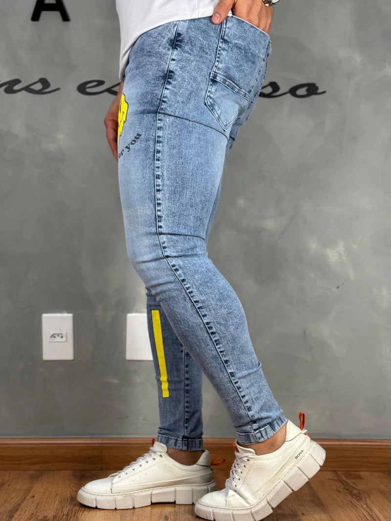 Calça Jeans Masculina Estampada Emoji