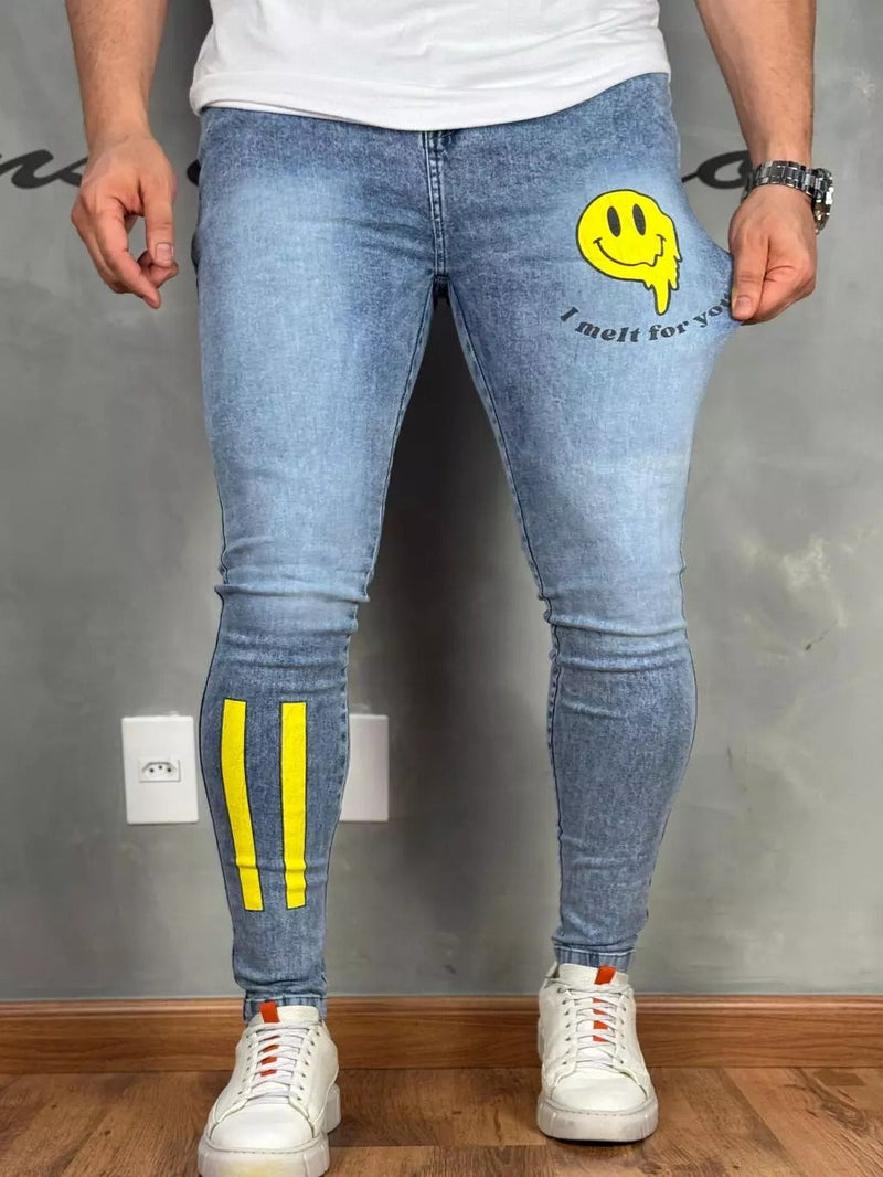 Calça Jeans Masculina Estampada Emoji