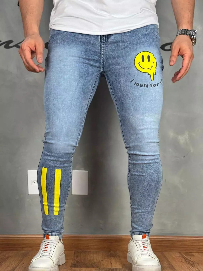 Calça Jeans Masculina Estampada Emoji