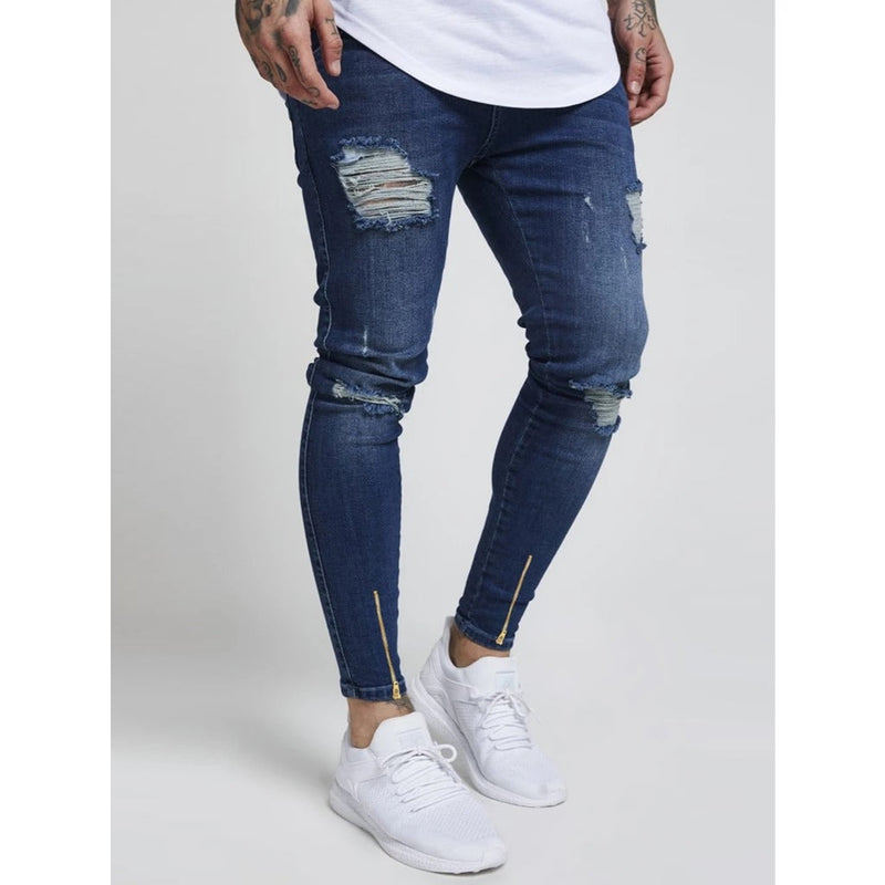 Calça Jeans Rasgada Skinny com Ziper