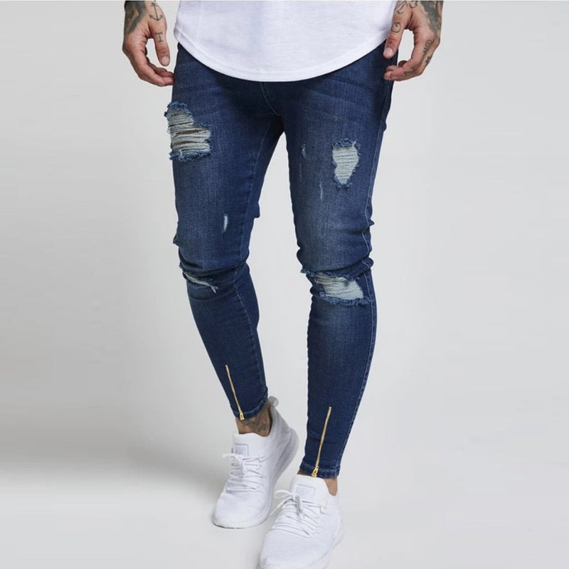 Calça Jeans Rasgada Skinny com Ziper