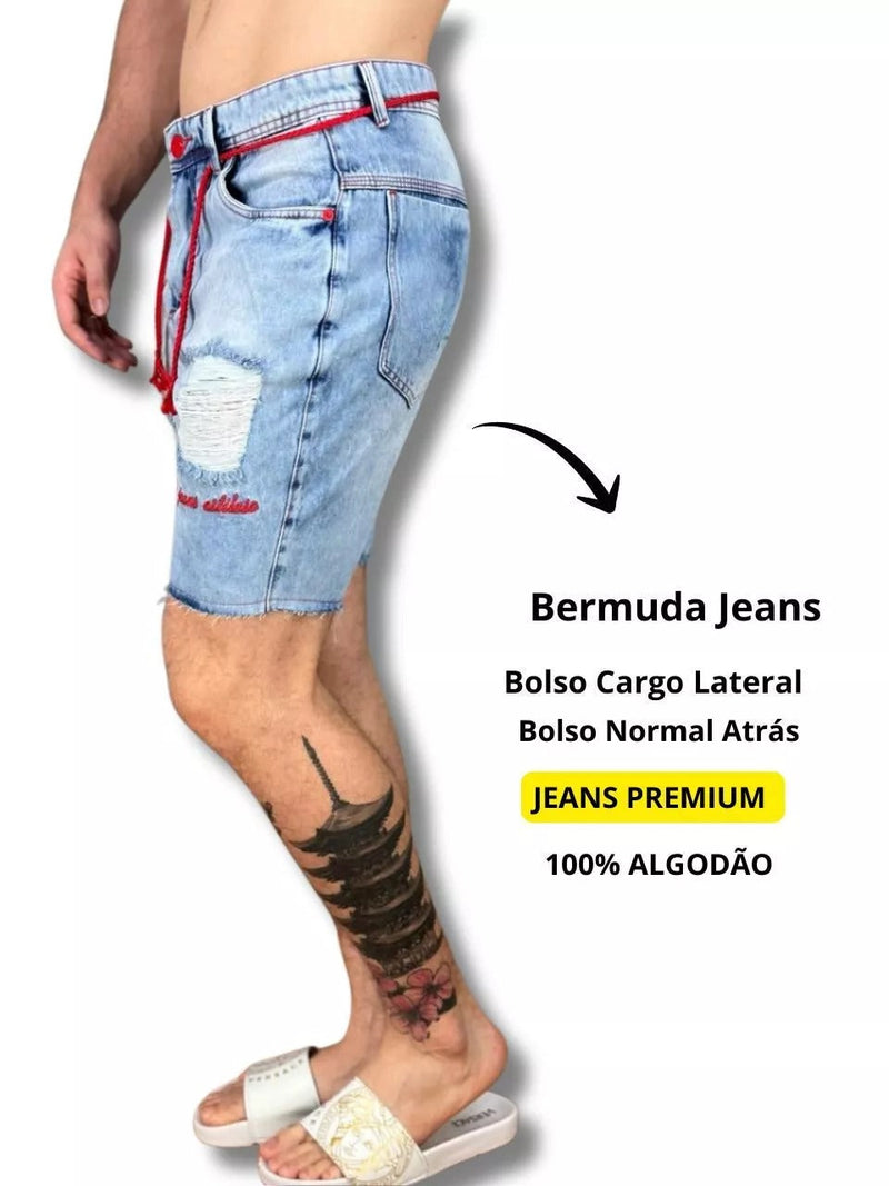 Bermuda Jeans Estilo Jogador Detalhes e Bordado Vermelho