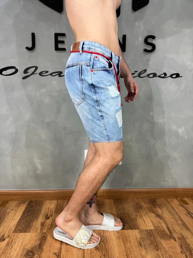 Bermuda Jeans Estilo Jogador Detalhes e Bordado Vermelho