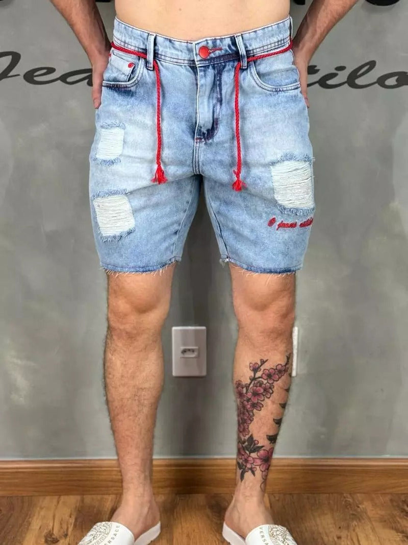 Bermuda Jeans Estilo Jogador Detalhes e Bordado Vermelho