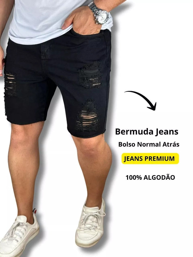 Bermuda Preta Jeans 100% Algodão Rasgada