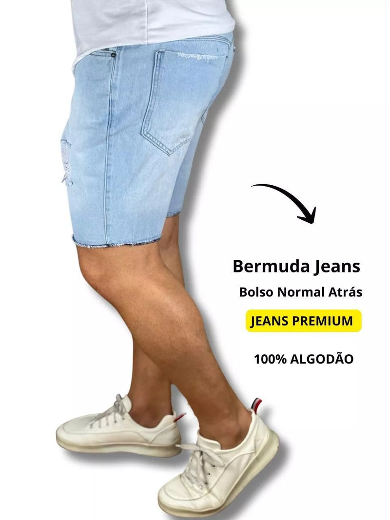 Bermuda Jeans 100% Algodão Destroyed Lavagem Clara