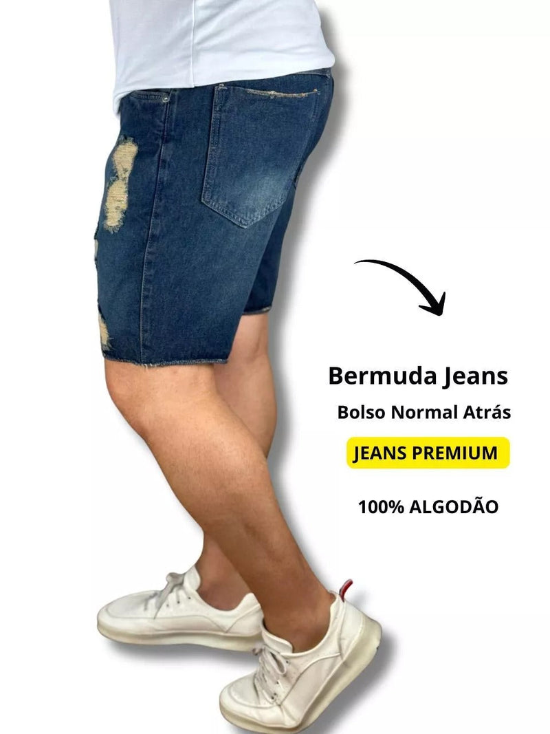 Bermuda Jeans 100% Algodão Rasgada Lavagem Sujinho