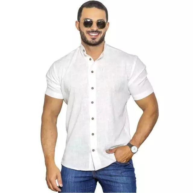 Camisa Social Gola Padre Linho Manga Curta