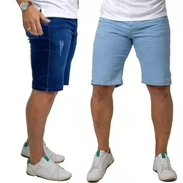 KIT 2 Bermuda Jeans Masculino Azul Claro e Azul Puido Com Elastano