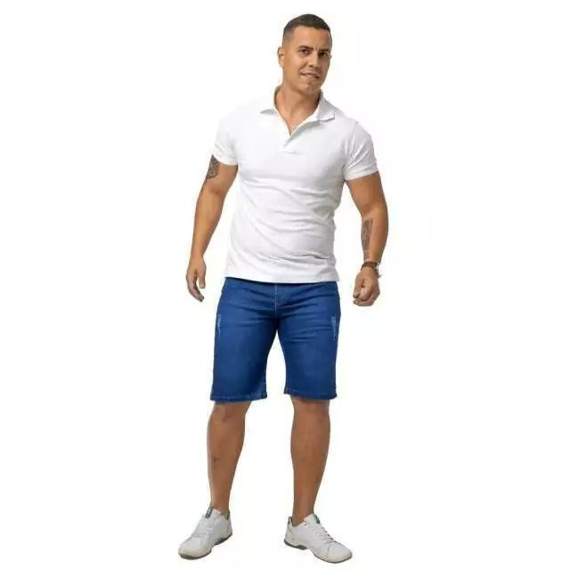 KIT 2 Bermuda Jeans Masculino Azul Claro e Azul Puido Com Elastano